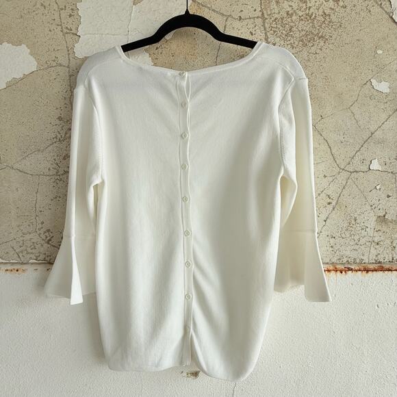 Ivory Knit Office Top Flared Sleeve Button Back Detailed Minimalist Parisian - Picture 6 of 8